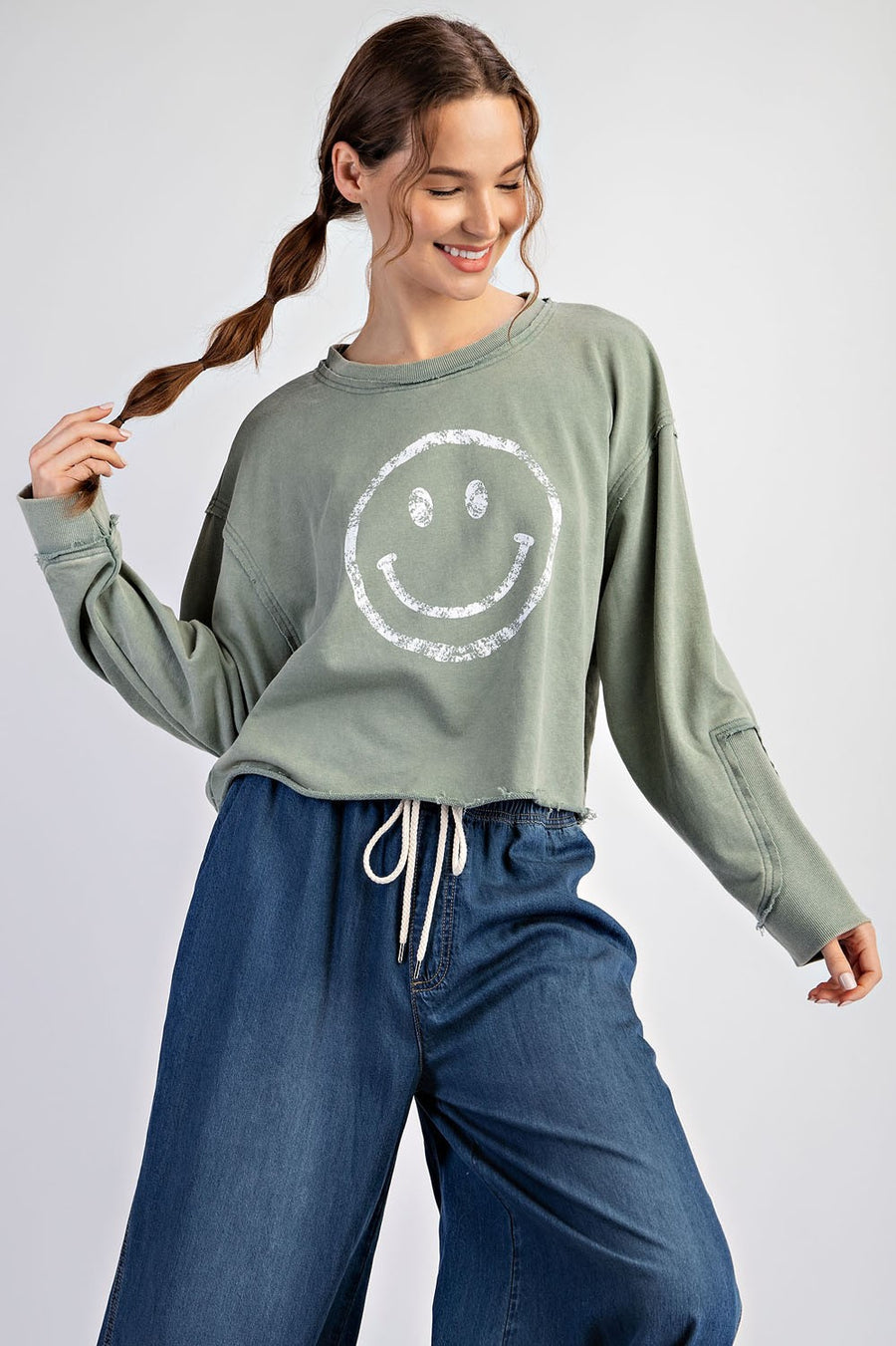 Smiley Print Mineral Washed Sweatshirt