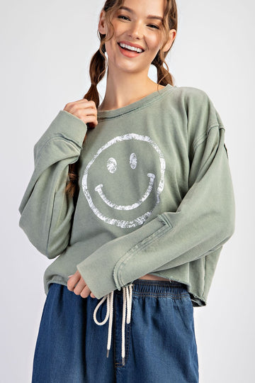 Smiley Print Mineral Washed Sweatshirt