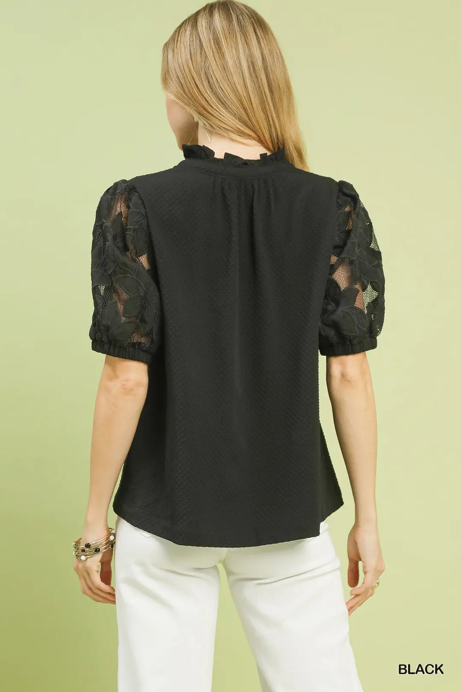 Umgee Kate Ruffle Neck Black Top