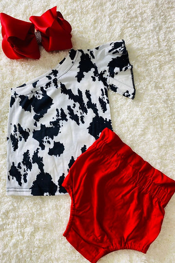 Cow Print Girl's Baby Outfit Red