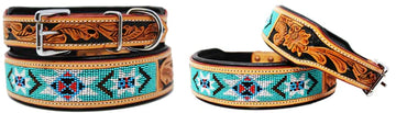 Western Tooled Padded Leather Beaded Collar - Turquoise/White
