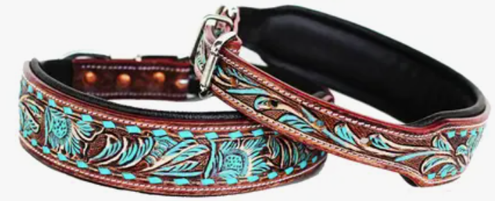 Western Tooled Padded Leather Collar w/ Turquoise Buckstitch