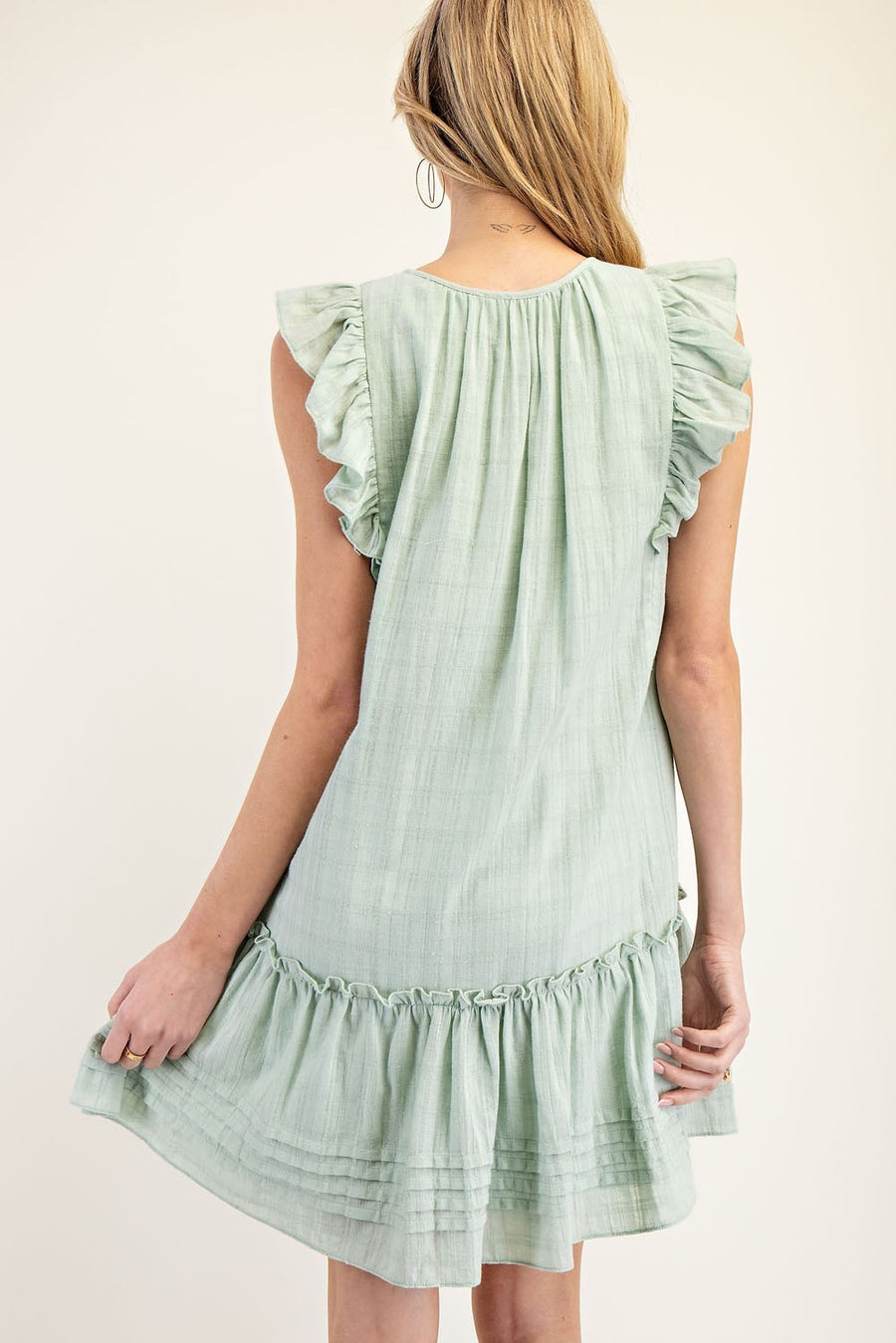 Serena Ruffle Drawstring V-Neck Pistachio  Mini Dress