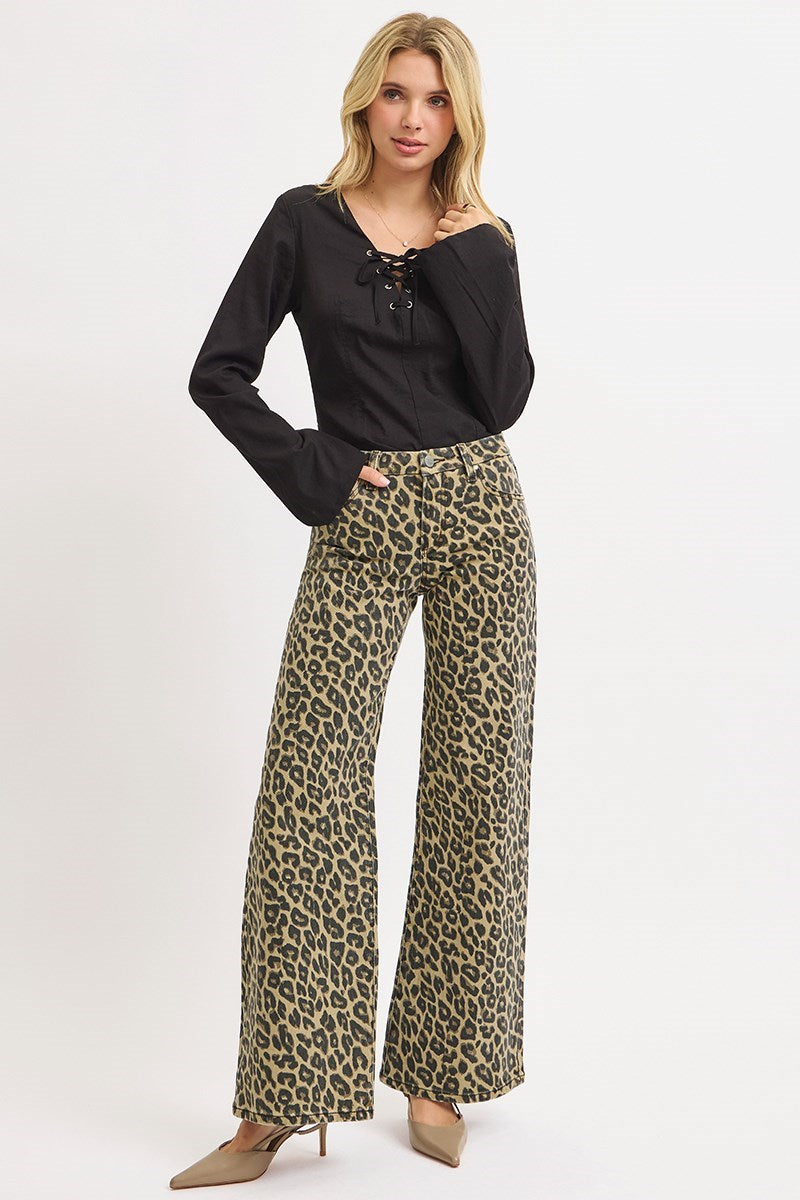 Risen Sandy Mid Rise Wide Leg Leopard Pant