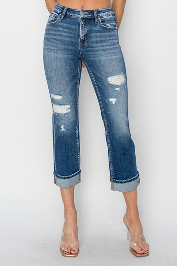 Risen Elara Mid Rise Distressed Cuffed Ankle Straight Jean