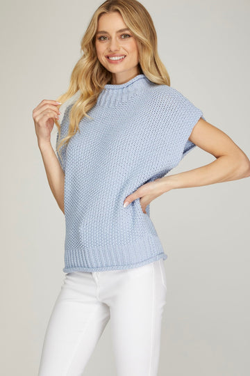 Petra Sleevless Mock Neck Knit Baby Blue Sweater Vest