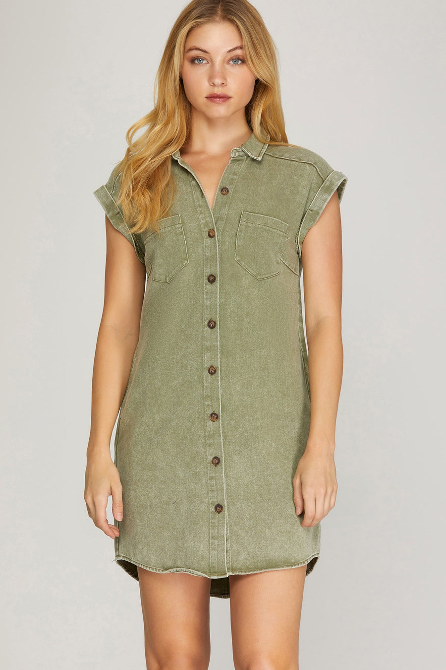 Emmy Folded Cuff Button Down Twill Dress