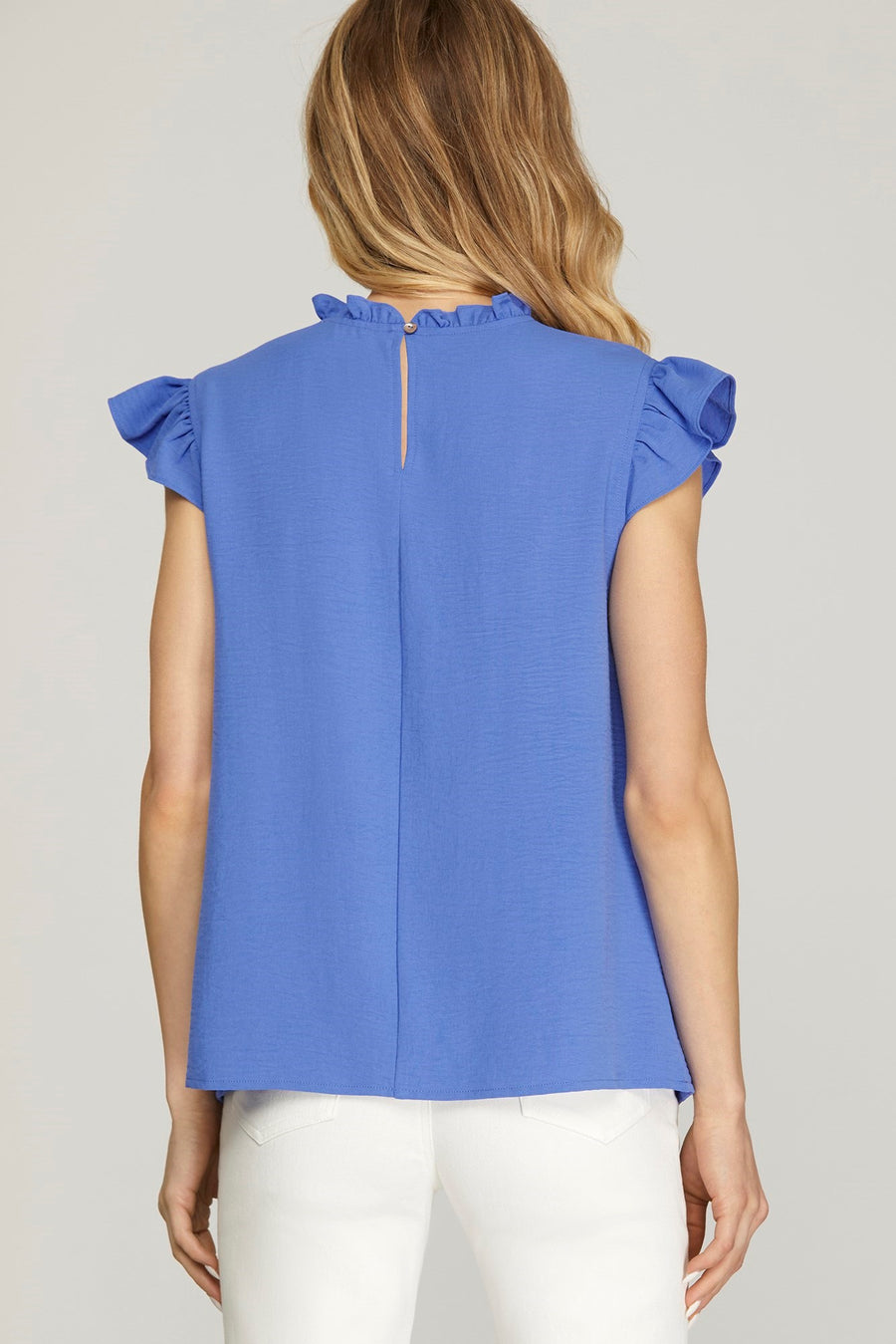 Wren Ruffle Sleeve Pintuck Detail Woven Cobalt Blue Top