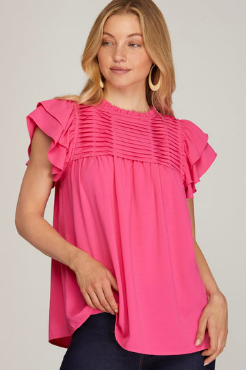 Juni Ruffle Sleeve Pleated Woven Pink Top