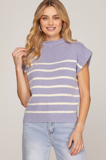 Ophelia Drop Shoulder Mock Neck Striped Sweater Lilac Top