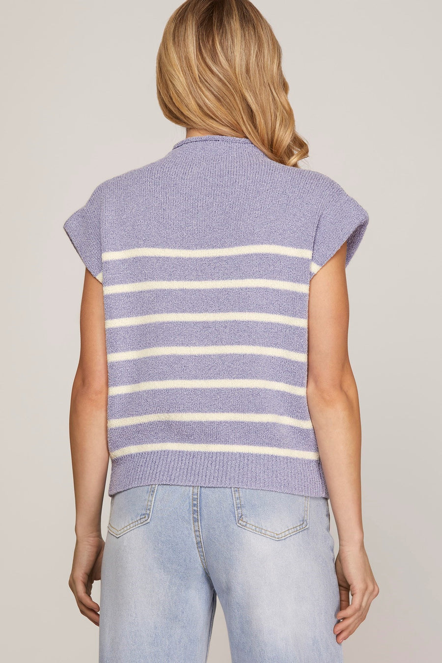 Ophelia Drop Shoulder Mock Neck Striped Sweater Lilac Top