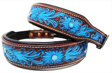 Western Tooled Padded Leather Collar - Blue w/ Studs