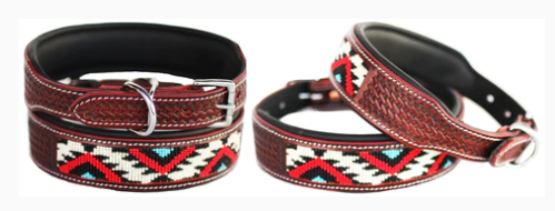 Western Tooled Padded Leather Beaded Collar - Red/Black/White