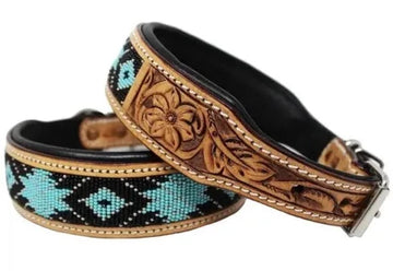 Western Tooled Padded Leather Beaded Collar - Black & Turquoise