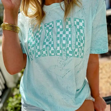 Mama Teal Distressed Checkered Dtf Tee