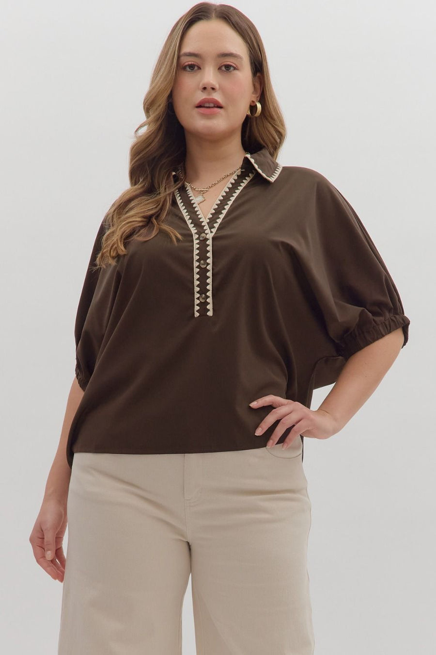 Entro *PLUS* Ella Scallop Top Brown