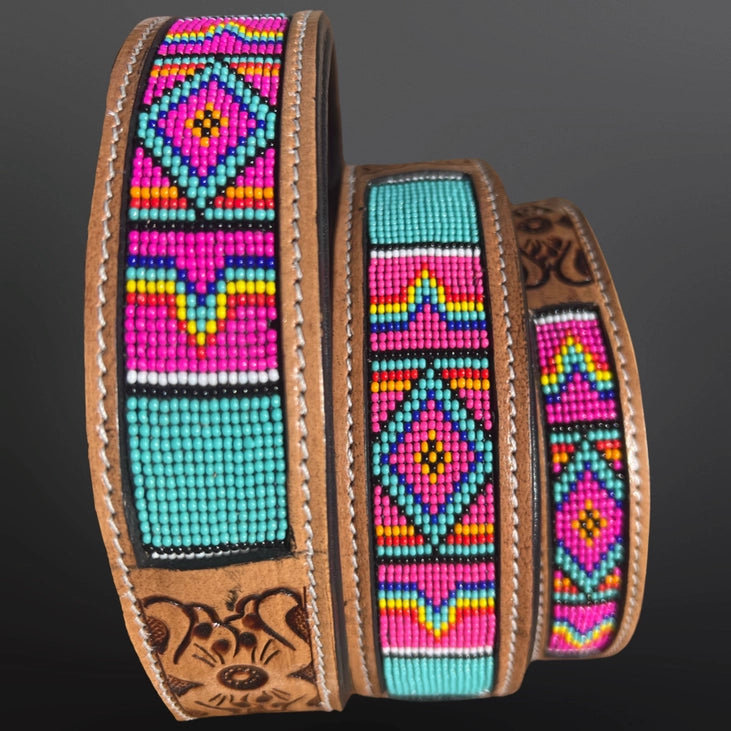 Equipage Pink/Turquoise Tooled Leather Dog Collar