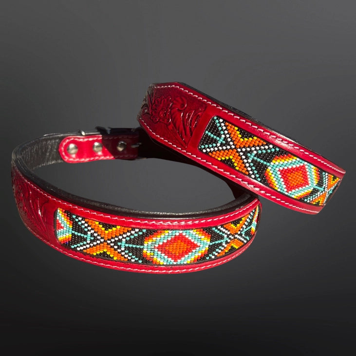 Western Red Leather Tooled Beaded Collar