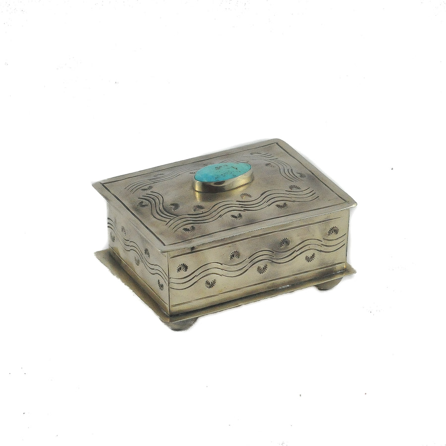 Rustic Silver Small Stamped Box W/Turquoise