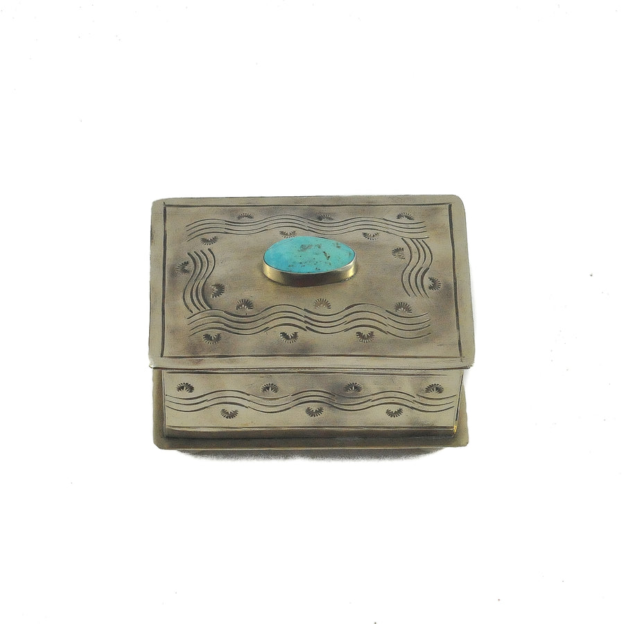 Rustic Silver Small Stamped Box W/Turquoise