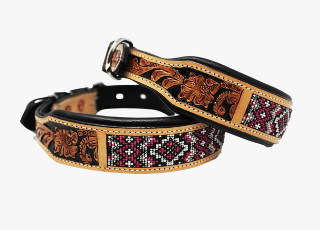 Western Tooled Pink Leather Beaded Dog Collar