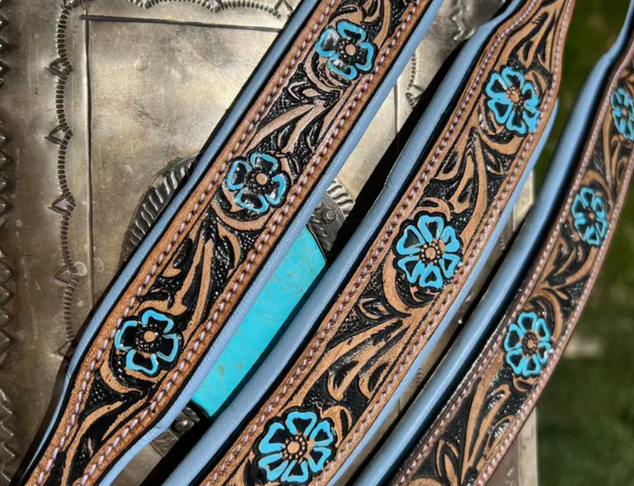 Western Tooled Padded Leather Collar - Blue Flower